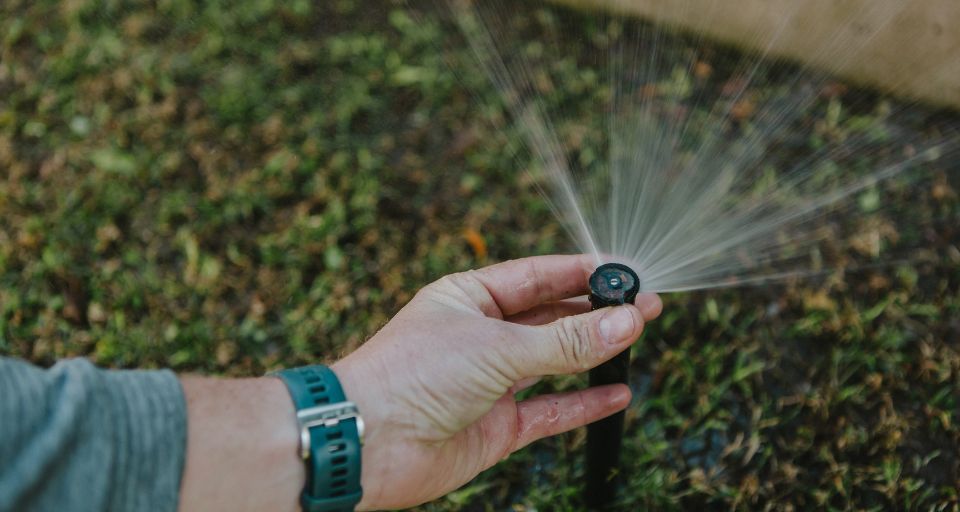 Irrigation system watering a garden bed